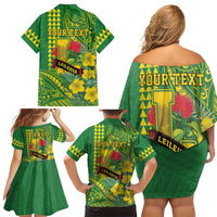 Personalised Hawaii Leilehua High School Family Matching Off Shoulder Short Dress and Hawaiian Shirt Tribal Tattoo With Hibiscus Flowers