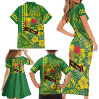 Personalised Hawaii Leilehua High School Family Matching Short Sleeve Bodycon Dress and Hawaiian Shirt Tribal Tattoo With Hibiscus Flowers