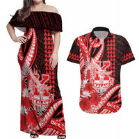 Personalised Hawaii Kalani High School Couples Matching Off Shoulder Maxi Dress and Hawaiian Shirt Tribal Tattoo With Hibiscus Flowers