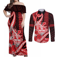 Personalised Hawaii Kalani High School Couples Matching Off Shoulder Maxi Dress and Long Sleeve Button Shirt Tribal Tattoo With Hibiscus Flowers