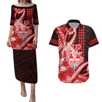 Personalised Hawaii Kalani High School Couples Matching Puletasi and Hawaiian Shirt Tribal Tattoo With Hibiscus Flowers