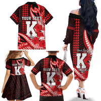 Personalised Hawaii Kalani High School Family Matching Off The Shoulder Long Sleeve Dress and Hawaiian Shirt Tribal Tattoo With Hibiscus Flowers