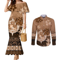 Tonga Emancipation Day Couples Matching Mermaid Dress and Long Sleeve Button Shirt Tongan Kupesi Ngatu Pattern Vintage Style LT05 Brown - Polynesian Pride