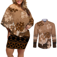 Tonga Emancipation Day Couples Matching Off Shoulder Short Dress and Long Sleeve Button Shirt Tongan Kupesi Ngatu Pattern Vintage Style LT05 Brown - Polynesian Pride