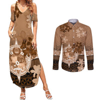 Tonga Emancipation Day Couples Matching Summer Maxi Dress and Long Sleeve Button Shirt Tongan Kupesi Ngatu Pattern Vintage Style LT05 Brown - Polynesian Pride