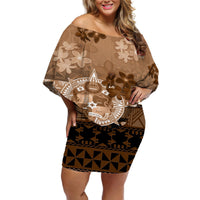Tonga Emancipation Day Off Shoulder Short Dress Tongan Kupesi Ngatu Pattern Vintage Style LT05 Women Brown - Polynesian Pride