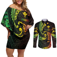 AAPI Heritage Month Couples Matching Off Shoulder Short Dress and Long Sleeve Button Shirt Kanaka Maoli Polynesian Tribal Wave