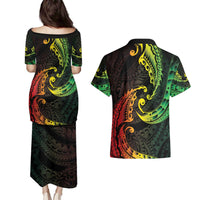 AAPI Heritage Month Couples Matching Puletasi and Hawaiian Shirt Kanaka Maoli Polynesian Tribal Wave
