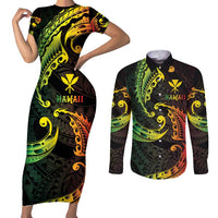 AAPI Heritage Month Couples Matching Short Sleeve Bodycon Dress and Long Sleeve Button Shirt Kanaka Maoli Polynesian Tribal Wave