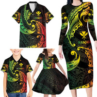 AAPI Heritage Month Family Matching Long Sleeve Bodycon Dress and Hawaiian Shirt Kanaka Maoli Polynesian Tribal Wave