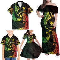 AAPI Heritage Month Family Matching Off Shoulder Maxi Dress and Hawaiian Shirt Kanaka Maoli Polynesian Tribal Wave