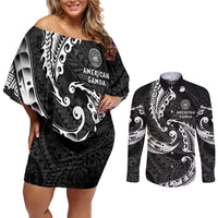 AAPI Heritage Month Couples Matching Off Shoulder Short Dress and Long Sleeve Button Shirt American Samoa Polynesian Tribal Wave