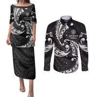 AAPI Heritage Month Couples Matching Puletasi and Long Sleeve Button Shirt American Samoa Polynesian Tribal Wave LT05 Black - Polynesian Pride