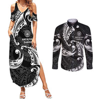 AAPI Heritage Month Couples Matching Summer Maxi Dress and Long Sleeve Button Shirt American Samoa Polynesian Tribal Wave LT05 Black - Polynesian Pride