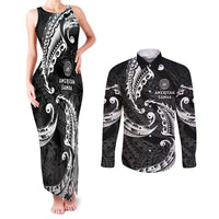 AAPI Heritage Month Couples Matching Tank Maxi Dress and Long Sleeve Button Shirt American Samoa Polynesian Tribal Wave