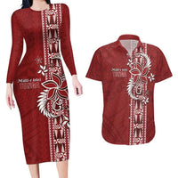 Tonga Language Week Couples Matching Long Sleeve Bodycon Dress and Hawaiian Shirt Malo e Lelei Kupesi Ngatu Pattern LT05 Red - Polynesian Pride