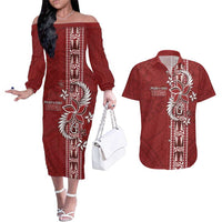 Tonga Language Week Couples Matching Off The Shoulder Long Sleeve Dress and Hawaiian Shirt Malo e Lelei Kupesi Ngatu Pattern LT05 Red - Polynesian Pride
