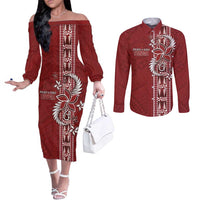 Tonga Language Week Couples Matching Off The Shoulder Long Sleeve Dress and Long Sleeve Button Shirt Malo e Lelei Kupesi Ngatu Pattern LT05 Red - Polynesian Pride