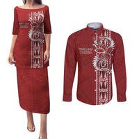 Tonga Language Week Couples Matching Puletasi and Long Sleeve Button Shirt Malo e Lelei Kupesi Ngatu Pattern LT05 Red - Polynesian Pride