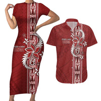 Tonga Language Week Couples Matching Short Sleeve Bodycon Dress and Hawaiian Shirt Malo e Lelei Kupesi Ngatu Pattern LT05 Red - Polynesian Pride