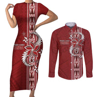 Tonga Language Week Couples Matching Short Sleeve Bodycon Dress and Long Sleeve Button Shirt Malo e Lelei Kupesi Ngatu Pattern LT05 Red - Polynesian Pride