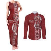 Tonga Language Week Couples Matching Tank Maxi Dress and Long Sleeve Button Shirt Malo e Lelei Kupesi Ngatu Pattern LT05 Red - Polynesian Pride