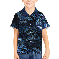 Aotearoa New Zealand Octopus Family Matching Long Sleeve Bodycon Dress and Hawaiian Shirt Silver Fern Maori Pattern LT05 Son's Shirt Blue - Polynesian Pride