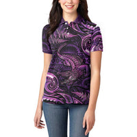 Aotearoa New Zealand Crocodile Women Polo Shirt Silver Fern Maori Pattern