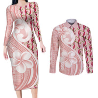 Samoa Teuila Couples Matching Long Sleeve Bodycon Dress and Long Sleeve Button Shirt Pink Samoan Siapo Motifs