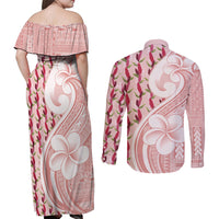 Samoa Teuila Couples Matching Off Shoulder Maxi Dress and Long Sleeve Button Shirt Pink Samoan Siapo Motifs