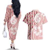 Samoa Teuila Couples Matching Off The Shoulder Long Sleeve Dress and Hawaiian Shirt Pink Samoan Siapo Motifs