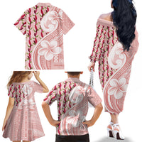 Samoa Teuila Family Matching Off The Shoulder Long Sleeve Dress and Hawaiian Shirt Pink Samoan Siapo Motifs LT05 Mom's Dress Pink - Polynesian Pride