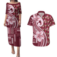 Samoa Teuila Couples Matching Puletasi and Hawaiian Shirt Maroon Samoan Siapo Motifs