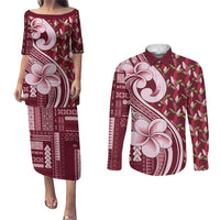 Samoa Teuila Couples Matching Puletasi and Long Sleeve Button Shirt Maroon Samoan Siapo Motifs