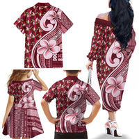 Samoa Teuila Family Matching Off The Shoulder Long Sleeve Dress and Hawaiian Shirt Maroon Samoan Siapo Motifs LT05 Mom's Dress Maroon - Polynesian Pride
