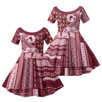 Samoa Teuila Family Matching Off The Shoulder Long Sleeve Dress and Hawaiian Shirt Maroon Samoan Siapo Motifs LT05 Daughter's Dress Maroon - Polynesian Pride