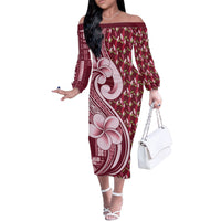 Samoa Teuila Off The Shoulder Long Sleeve Dress Maroon Samoan Siapo Motifs