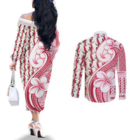Samoa Teuila Couples Matching Off The Shoulder Long Sleeve Dress and Long Sleeve Button Shirt White Samoan Siapo Motifs