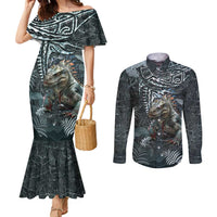 Hawaii Mo'o Lizard God Couples Matching Mermaid Dress and Long Sleeve Button Shirt Polynesian Style LT05 Green - Polynesian Pride