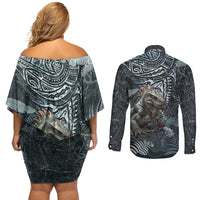 Hawaii Mo'o Lizard God Couples Matching Off Shoulder Short Dress and Long Sleeve Button Shirt Polynesian Style LT05 - Polynesian Pride