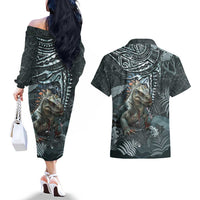 Hawaii Mo'o Lizard God Couples Matching Off The Shoulder Long Sleeve Dress and Hawaiian Shirt Polynesian Style LT05 - Polynesian Pride