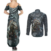 Hawaii Mo'o Lizard God Couples Matching Summer Maxi Dress and Long Sleeve Button Shirt Polynesian Style LT05 - Polynesian Pride