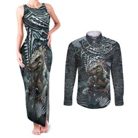 Hawaii Mo'o Lizard God Couples Matching Tank Maxi Dress and Long Sleeve Button Shirt Polynesian Style LT05 Green - Polynesian Pride