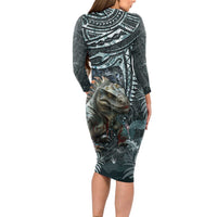 Hawaii Mo'o Lizard God Long Sleeve Bodycon Dress Polynesian Style