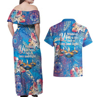 Happy Diwali Festival Couples Matching Off Shoulder Maxi Dress and Hawaiian Shirt Diya Lamp Rangoli With Polynesian Pattern