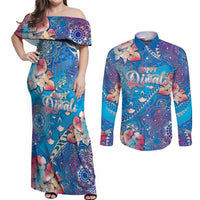 Happy Diwali Festival Couples Matching Off Shoulder Maxi Dress and Long Sleeve Button Shirt Diya Lamp Rangoli With Polynesian Pattern LT05 Blue - Polynesian Pride