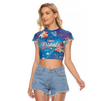 Happy Diwali Festival Raglan Cropped T Shirt Diya Lamp Rangoli With Polynesian Pattern LT05 Female Blue - Polynesian Pride