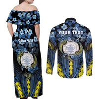 Personalised Palau Couples Matching Off Shoulder Maxi Dress and Long Sleeve Button Shirt Polynesian Dolphin Tropical Hibiscus Style