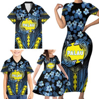 Personalised Palau Family Matching Short Sleeve Bodycon Dress and Hawaiian Shirt Polynesian Dolphin Tropical Hibiscus Style