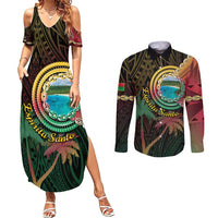 Vanuatu Espiritu Santo Island Couples Matching Summer Maxi Dress and Long Sleeve Button Shirt Beach Landscape LT05 Black - Polynesian Pride